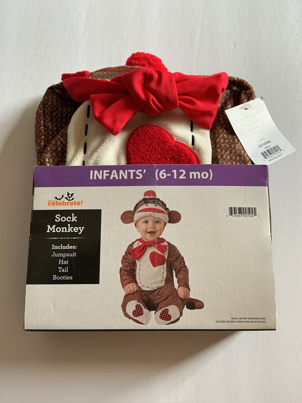Sock Monkey Infants Costume Size 6-12mos 4pc set jumpsuit hat tail & booties NEW